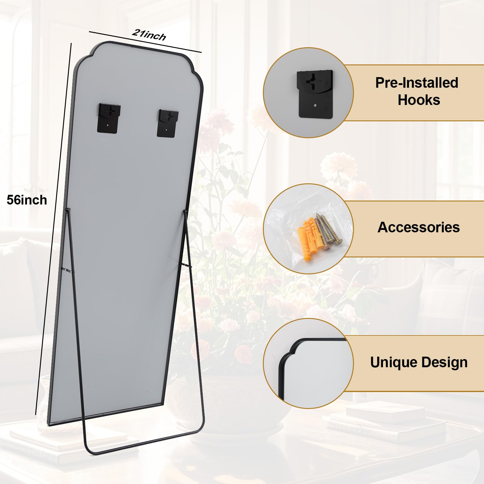 21x56 Black Arch Full Length Mirror with Metal Frame