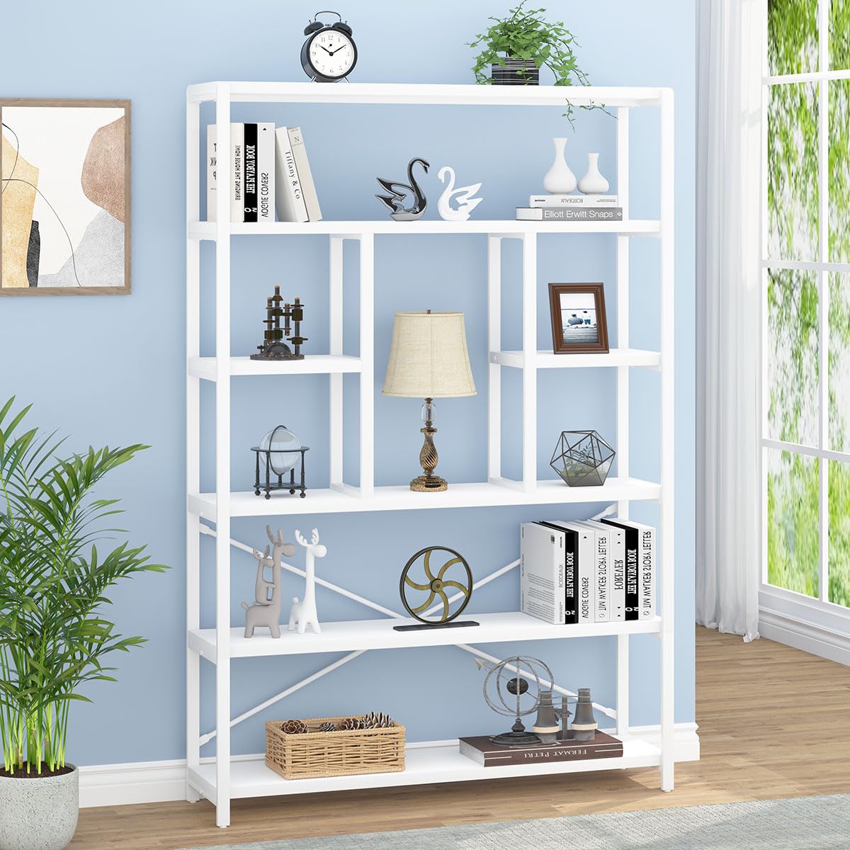 6 Tier Tall White Bookshelf, Big Metal Wooden Book Shelves Storage