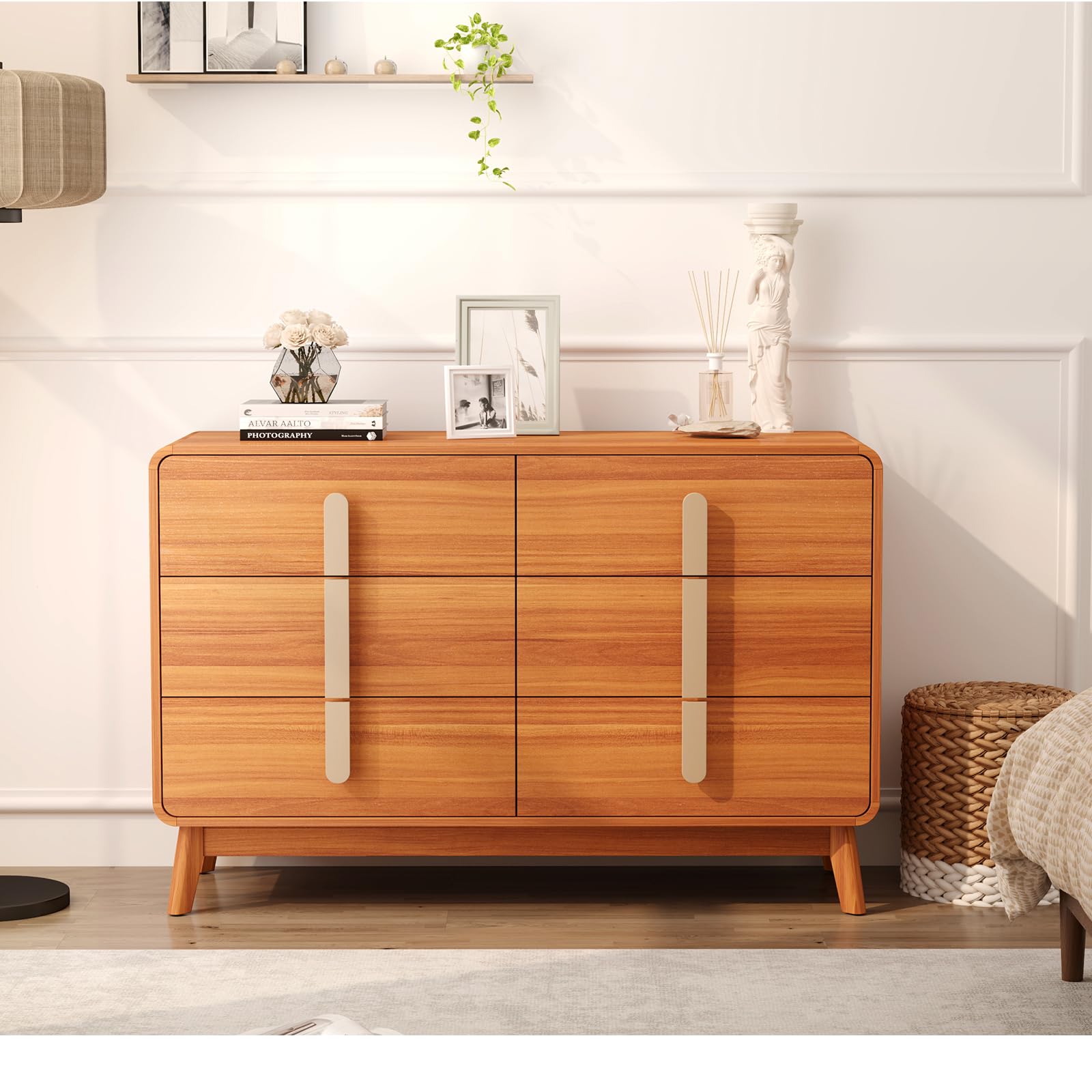 6 Drawer Dresser,47.3" Mid Century Modern Dresser for Bedroom,Large Wooden Dresser