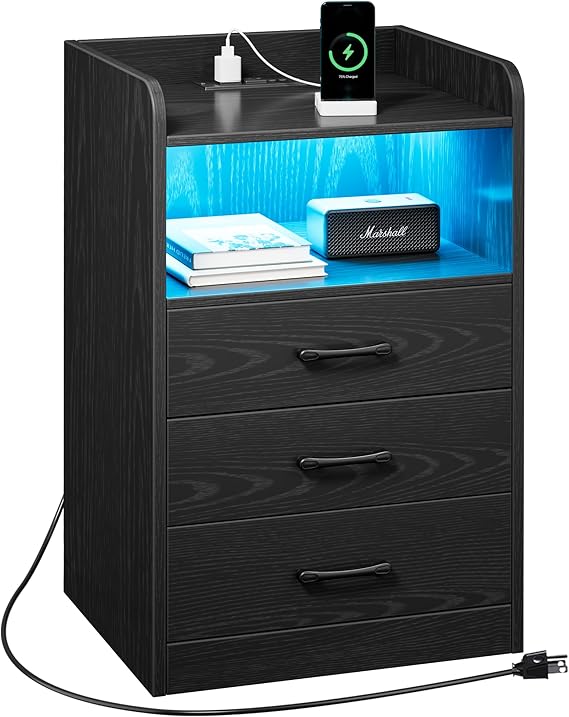 Nightstand with Charging Station and LED Light Strips, Night Stand with Drawers, End