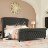 King Size Platform Bed Frame, Chenille Upholstered Sleigh Bed