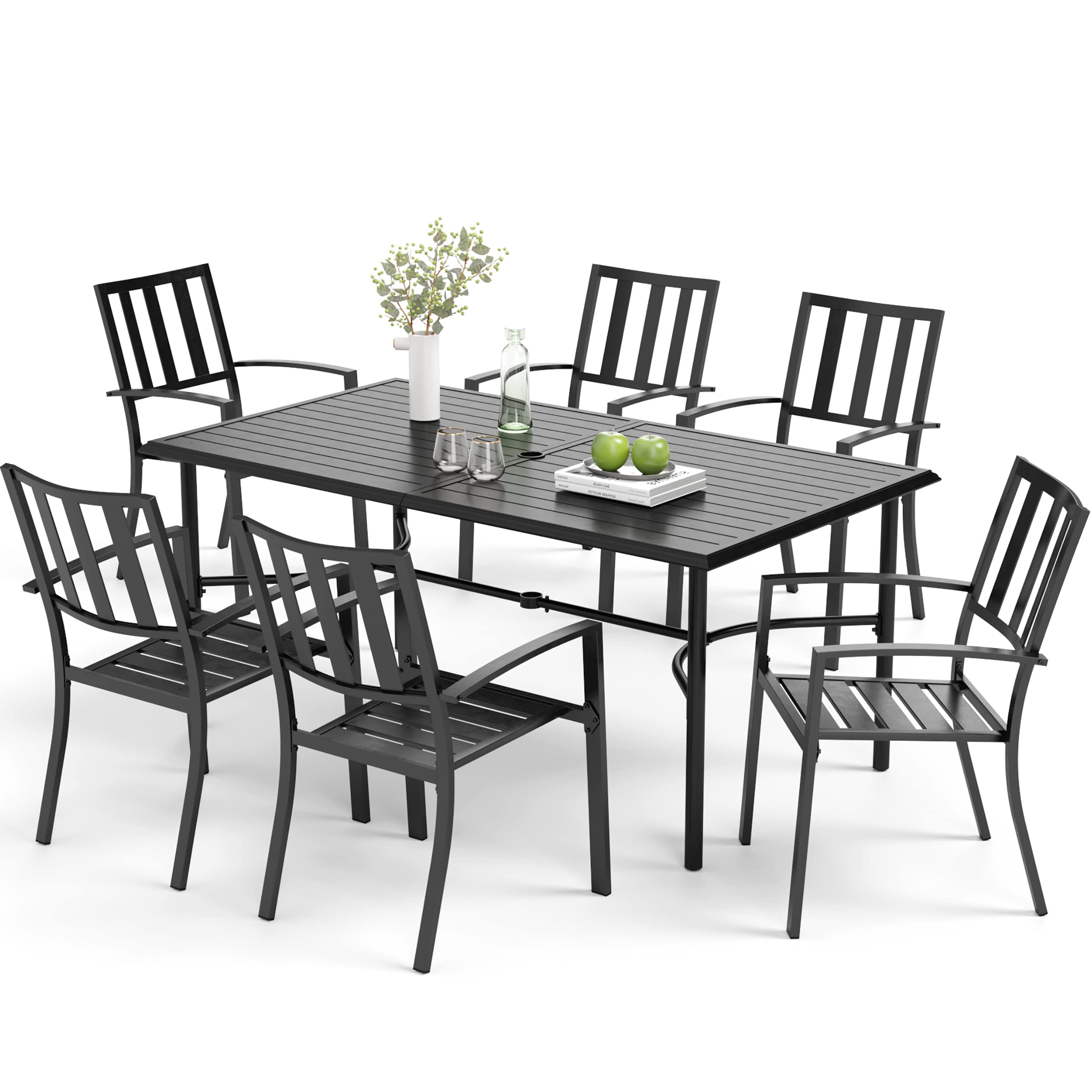 7-Piece Outdoor Dining Set,6 Stackable E-Coated Metal Chairs and 1 Black Rectangular