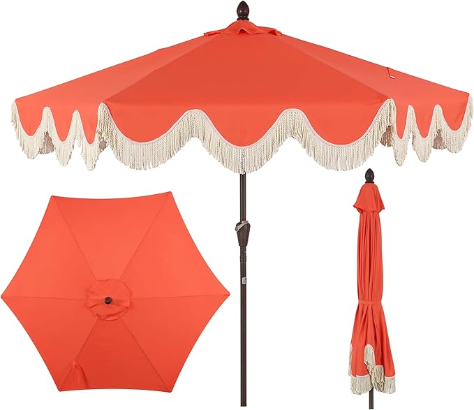 UMB1001G Collins 9 ft. Classic Cottage Tassel Market Patio Umbrella with Auto-Tilt