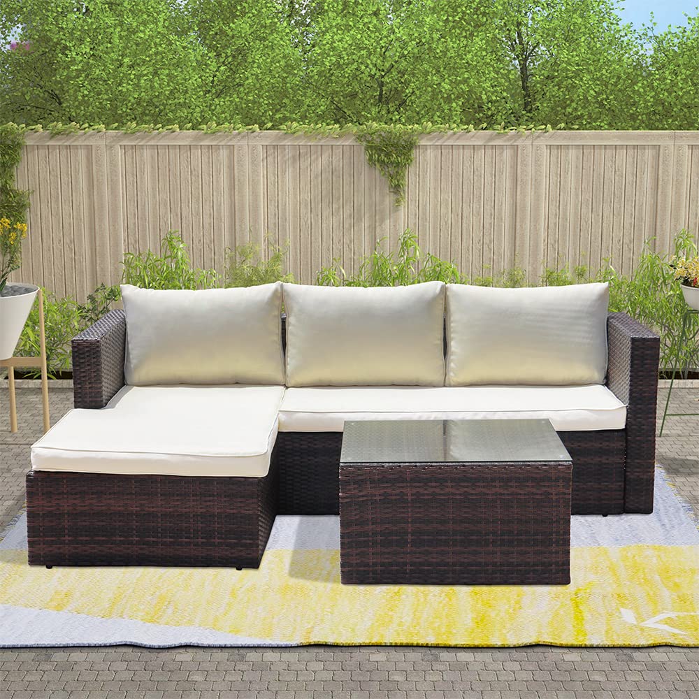 ABBLE 3 Piece Patio Furniture Sets, Outdoor Sectional Sofa Manual Wicker Rattan Corner Seating, Conversation Set with Soft Cushions and Glass-Covered Table – Brown