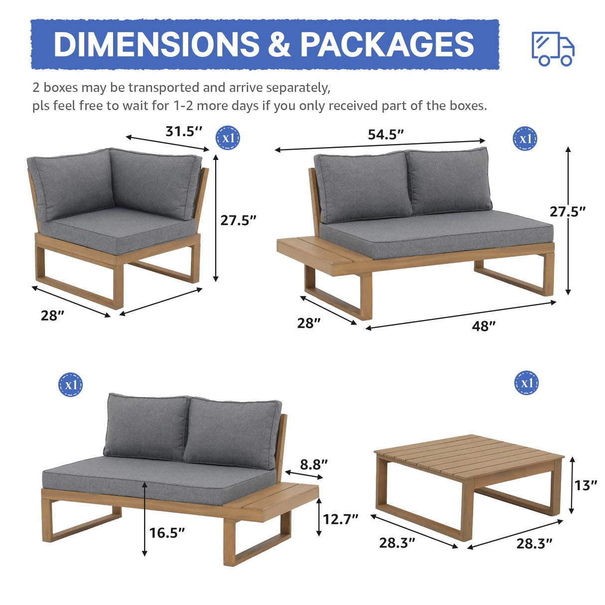 Acacia Wood Patio Furniture L-Shaped Outdoor Sectional Sofa Set with Coffee Table