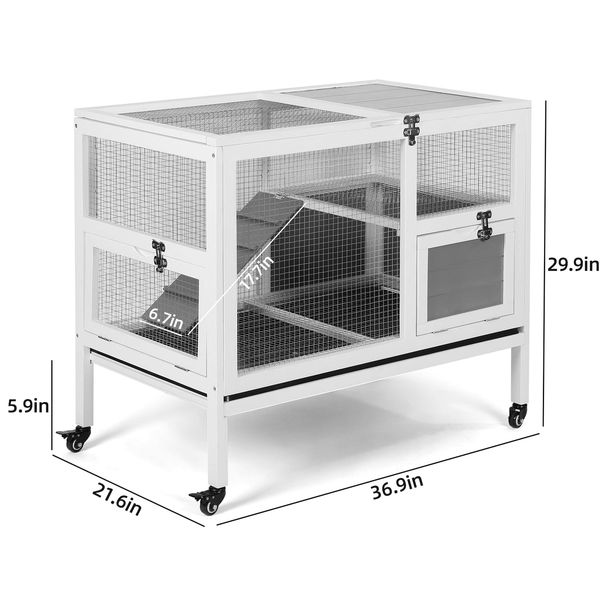 37” Rabbit Hutch Indoor, Wooden Bunny Cage with Casters, Wire Floor