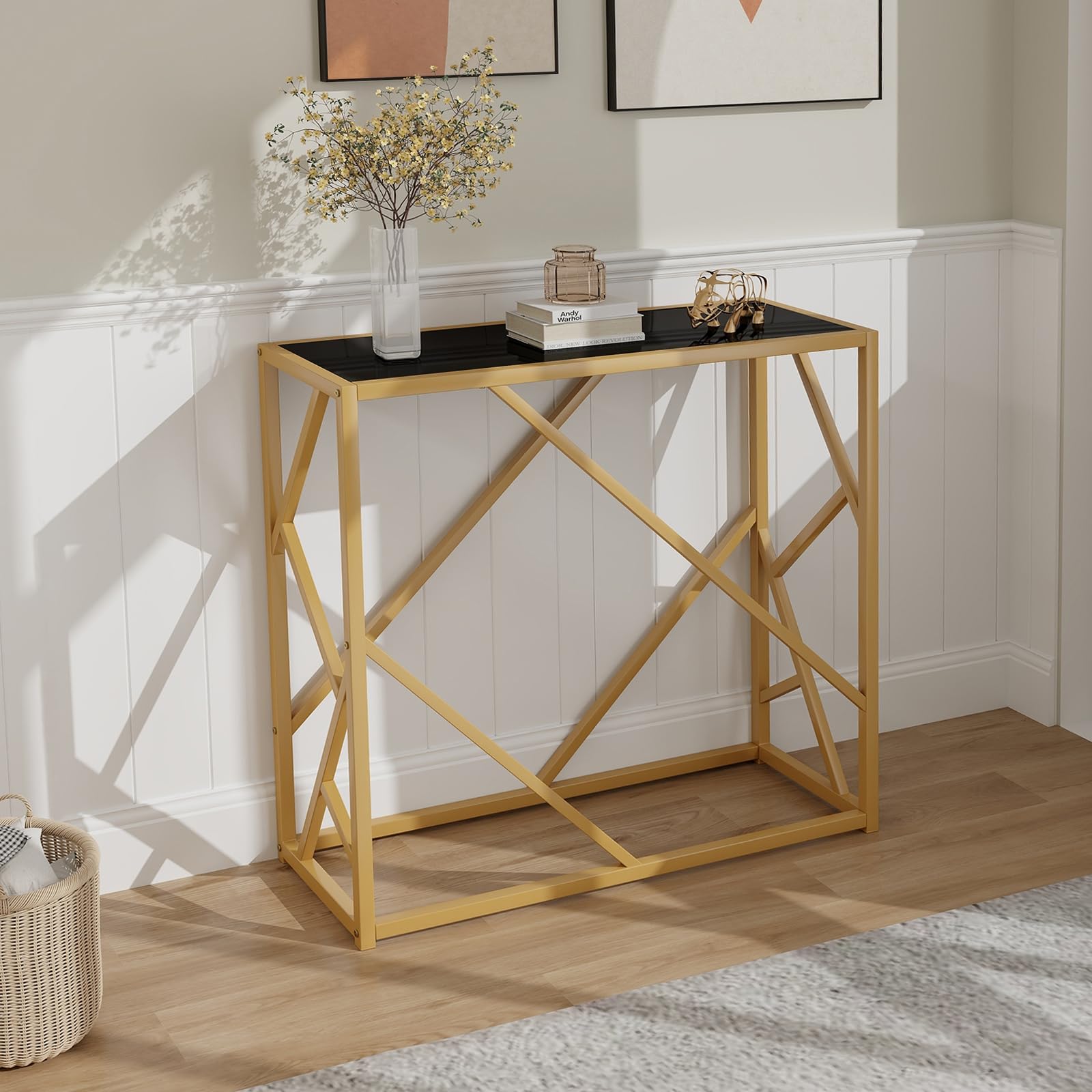 31.5" Gold Entryway Console Table - Narrow Sofa Side Table w/Metal Frame & Tempered