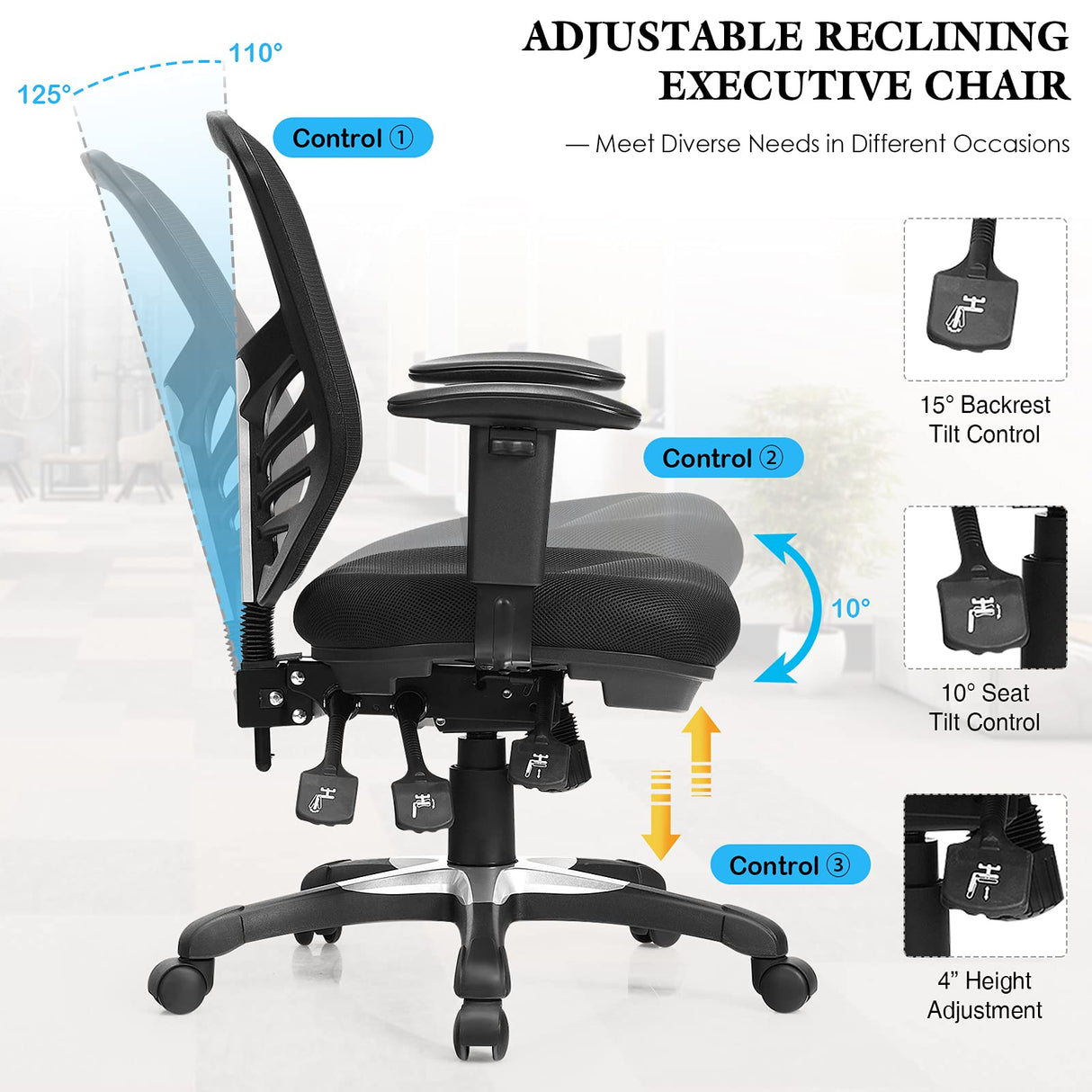 Mesh Office Chair, Mid Back Swivel Executive Task Chair with Height-Adjustable