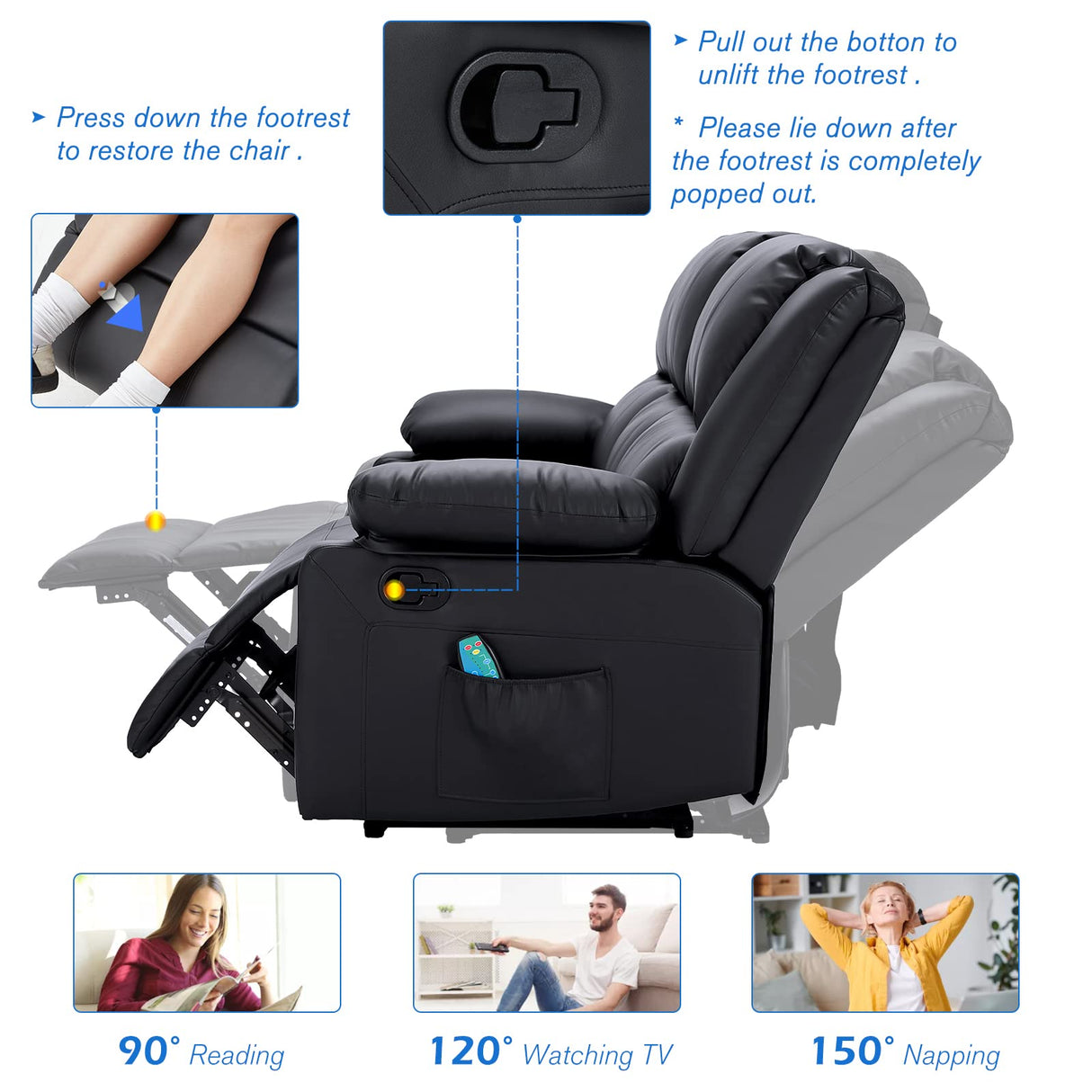 Reclining Sofa with Massage&Heat Function, Wall Hunger Recliner Couch