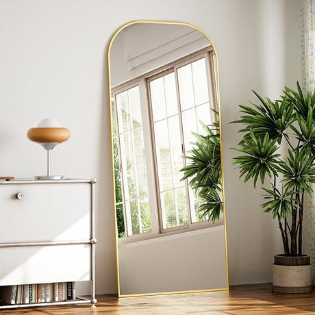 Full Length Mirror, 56"x21" Mirror Full Length with Stand, Gold Wall Full Body Mirror, Rounded Top Floor Mirror with Aluminum Alloy Frame for Bedroom Living Room