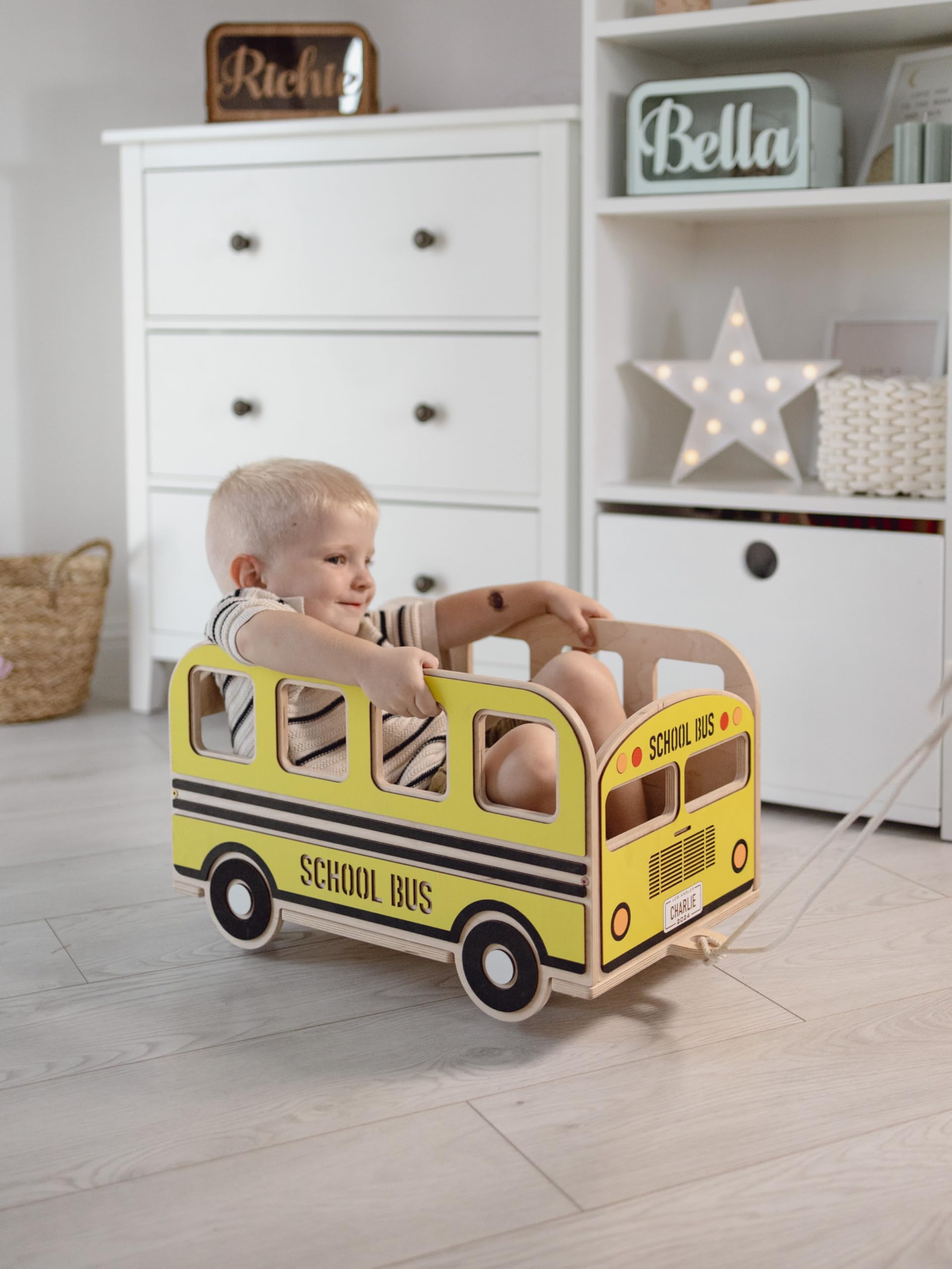 Kids Toy Storage Organizer - School Bus Wooden Toy Box for Boys with Wheels Baby