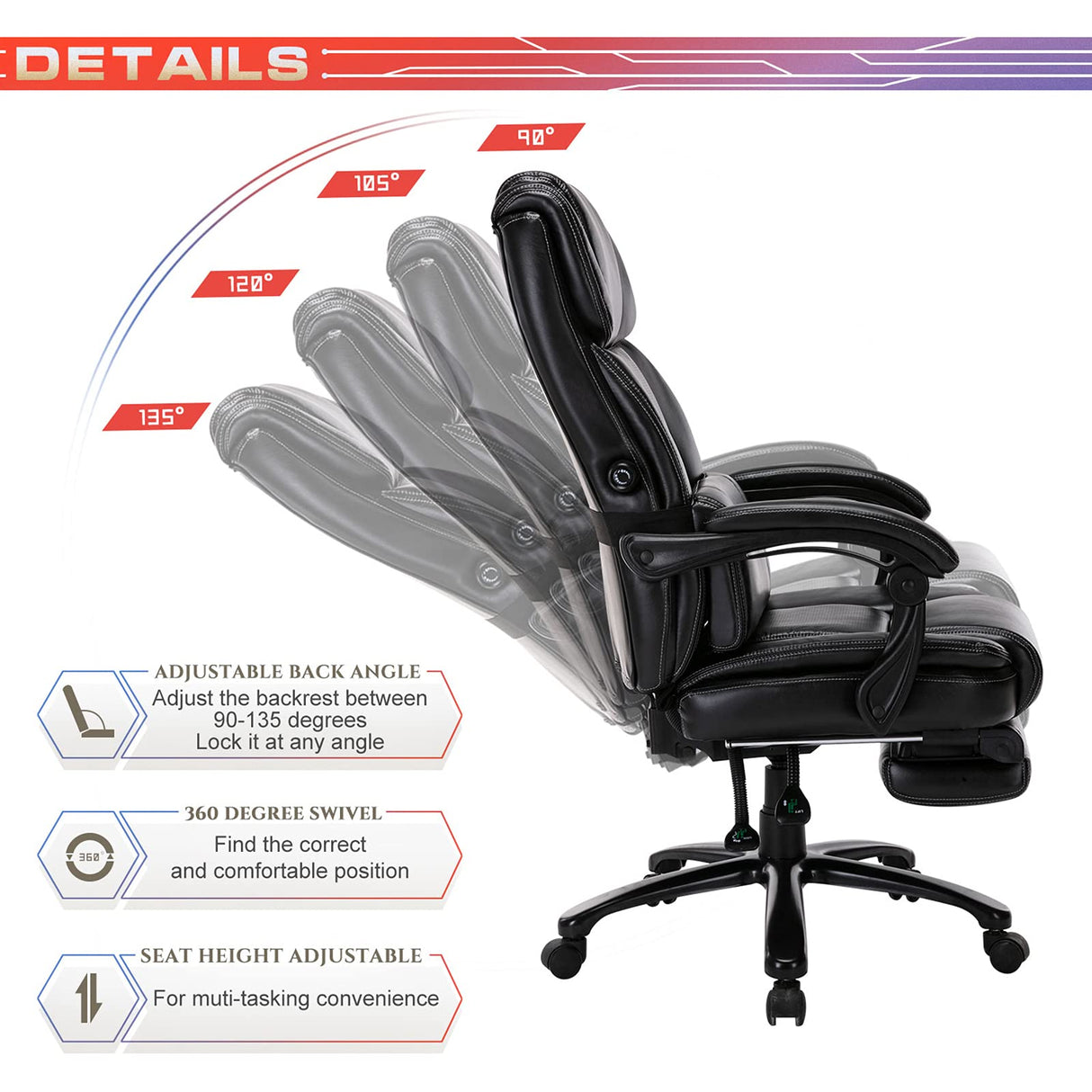 Reclining Office Chair with Footrest, Big Tall Bonded Leather Adjustable Tilt Angle Height