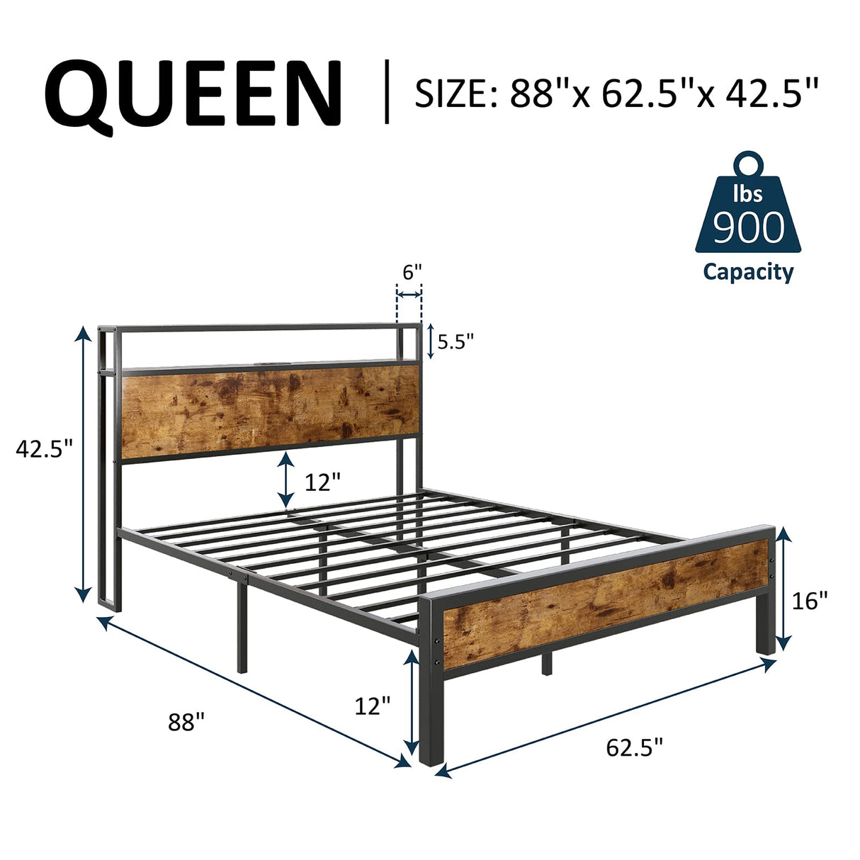 AMERLIFE Queen Size Bed Frame Industrial Platform Bed with Charging Station, 2-Tier Storage Headboard/No Box Spring Needed/Noise-Free/Dark Brown