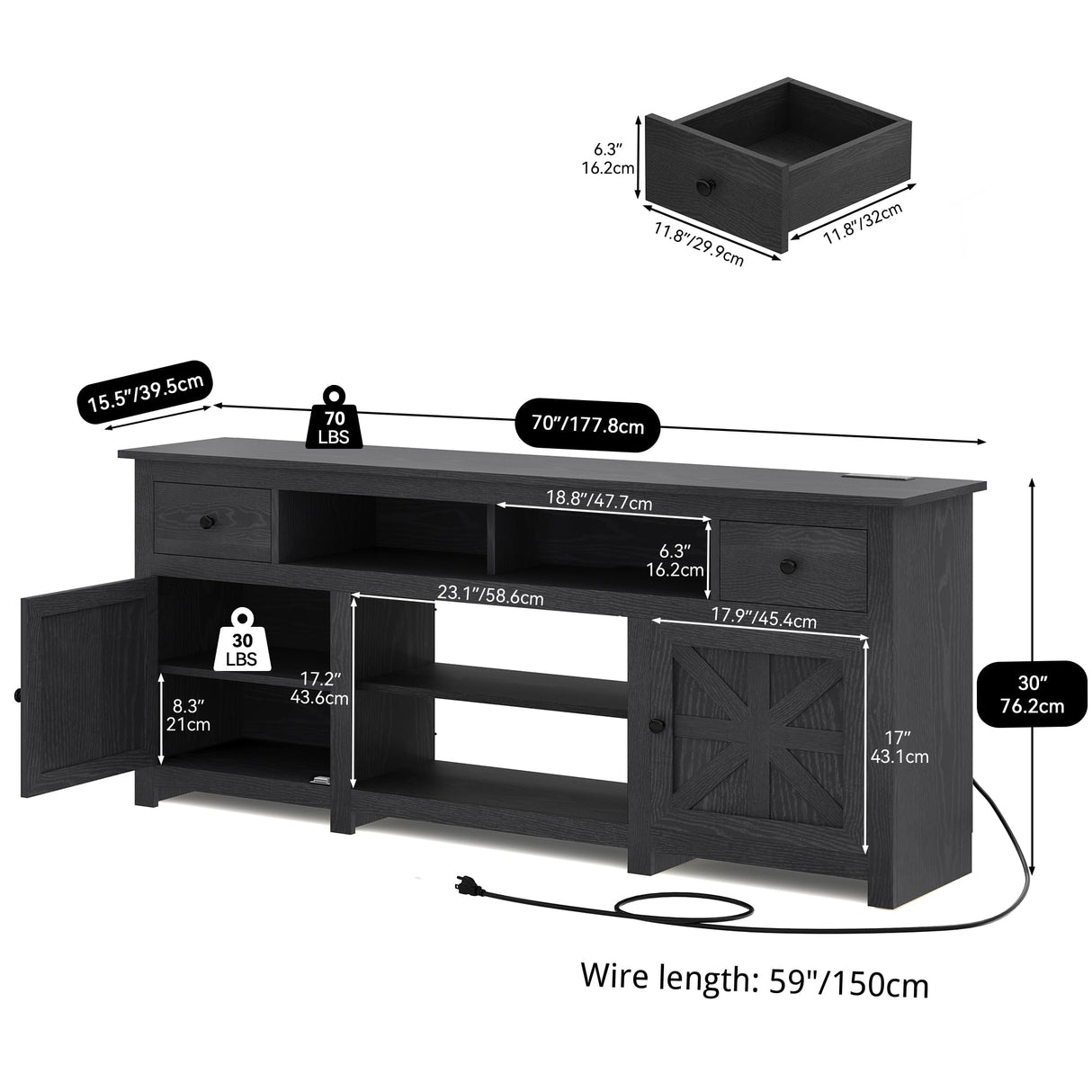 YITAHOME Farmhouse TV Stand 70 Inches, Entertainment Center with Power Outlet, Rustic TV Stands for Living Room, TV Console with Storage Drawers, Black Wood Grain