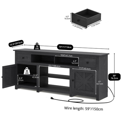 YITAHOME Farmhouse TV Stand 70 Inches, Entertainment Center with Power Outlet, Rustic TV Stands for Living Room, TV Console with Storage Drawers, Black Wood Grain