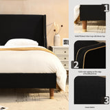 Queen-Size upholstered Platform Bed Frame, wingback headboard with Gold Lines,