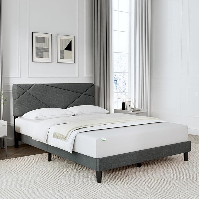 Queen Bed Frame with Headboard, Linen Upholstered Bed Frame Queen Size,