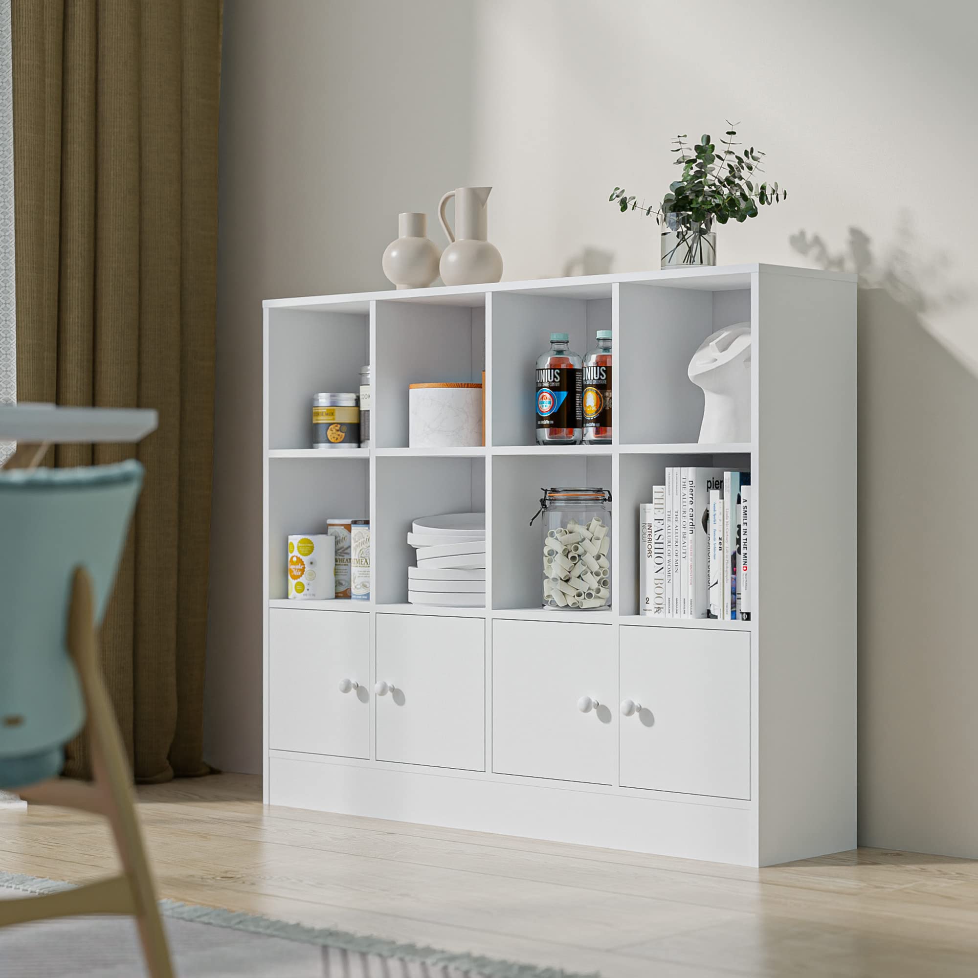 3 Tier Bookshelf, 12 Cube Storage Organizer Shelf with 4 Doors