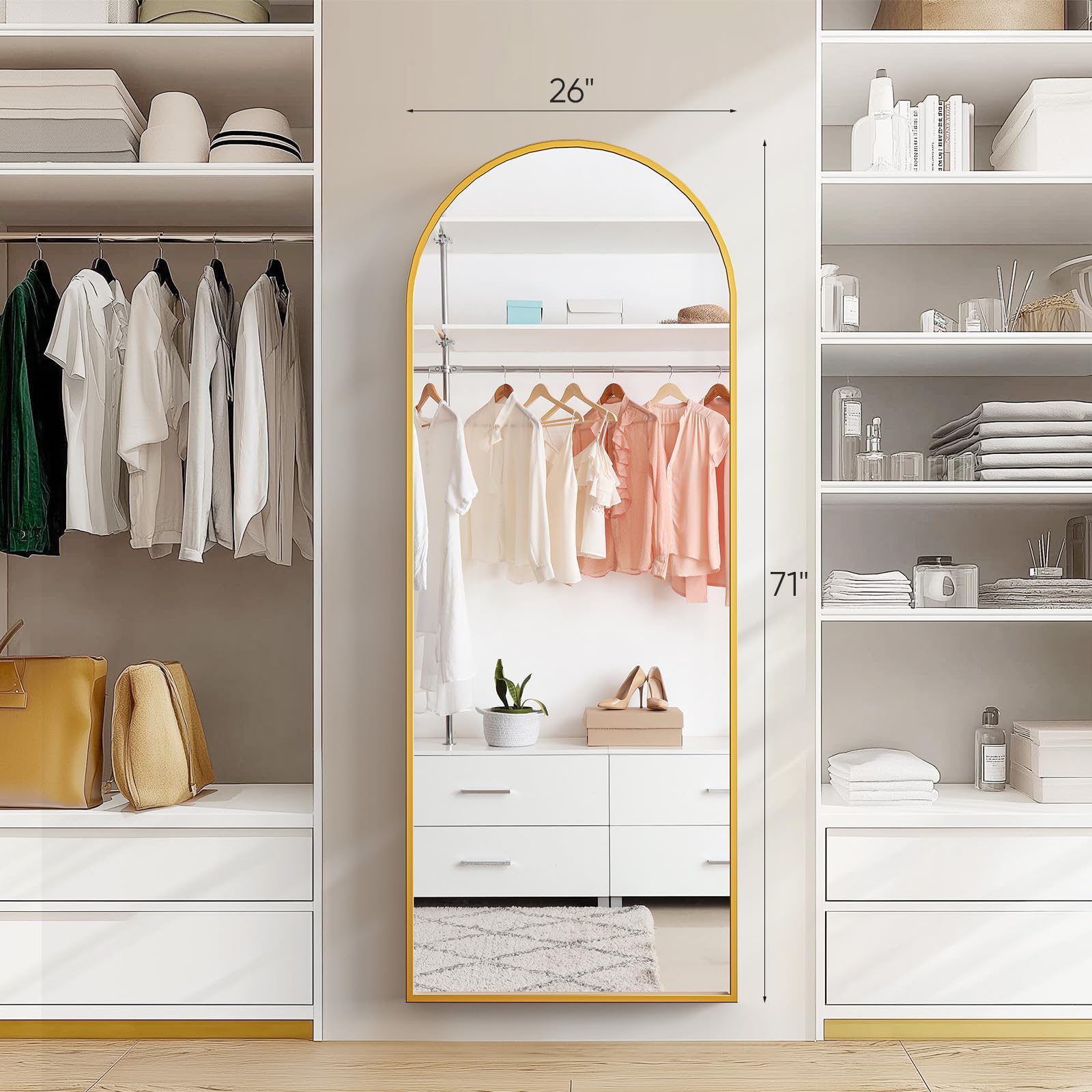 Full Length Arched Floor Mirror 71"x26" - Gold Aluminum Frame