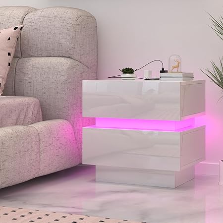 Charging Station,LED Night Stand with Lights,USB Ports and Outlets, Modern LED Bedside