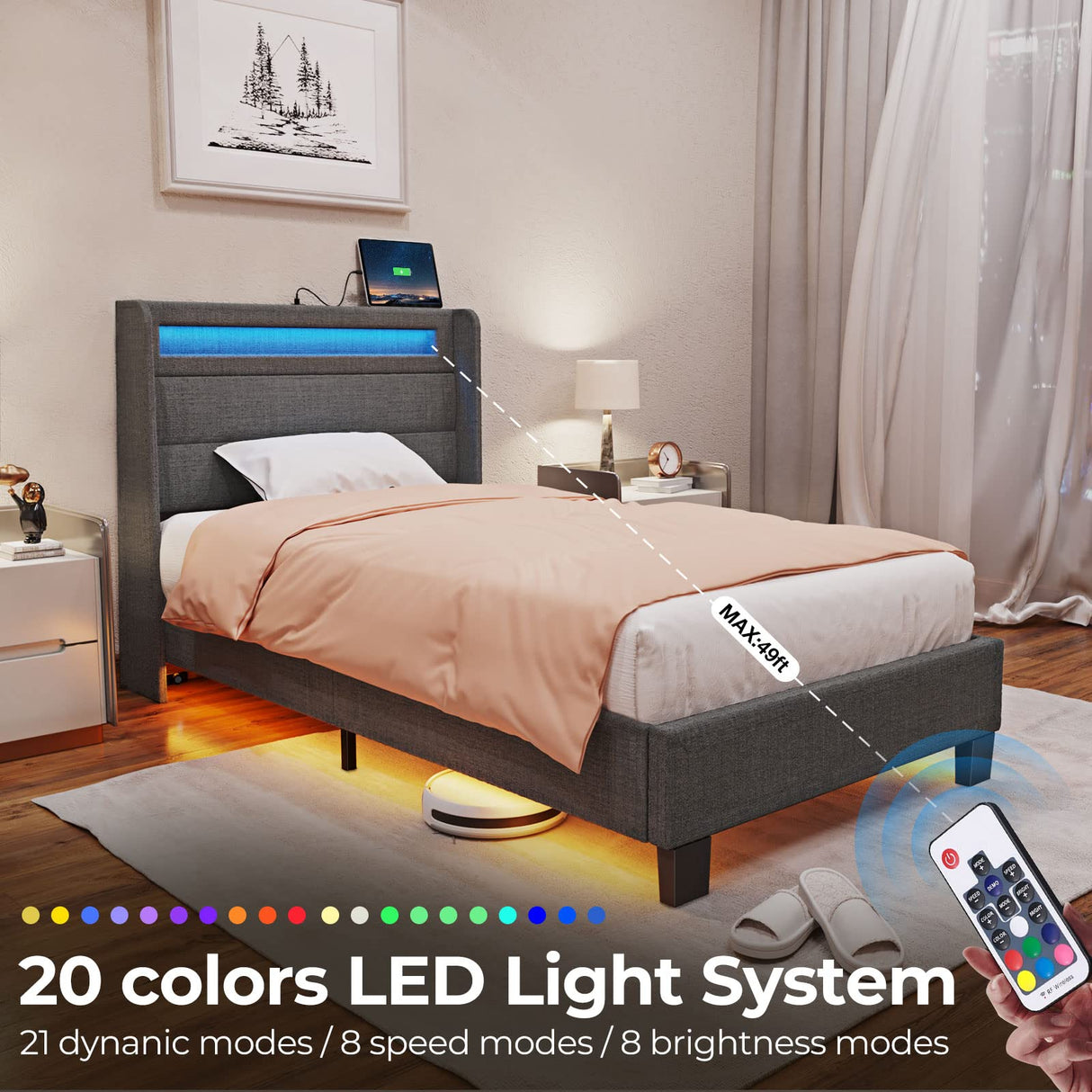 Bed Frame Twin Size with LED Lights and Charging Station, Upholstered Bed with Motion