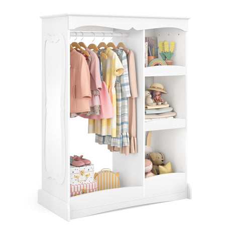 Kids Dress Up Storage with Flower Mirror, Open Hanging Closet Wardrobe for Children