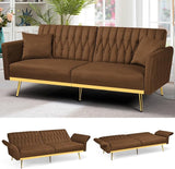 70” Velvet Futon Sofa Bed with 2 Pillows and Adjustable Armrests, Convertible Sleeper Bed