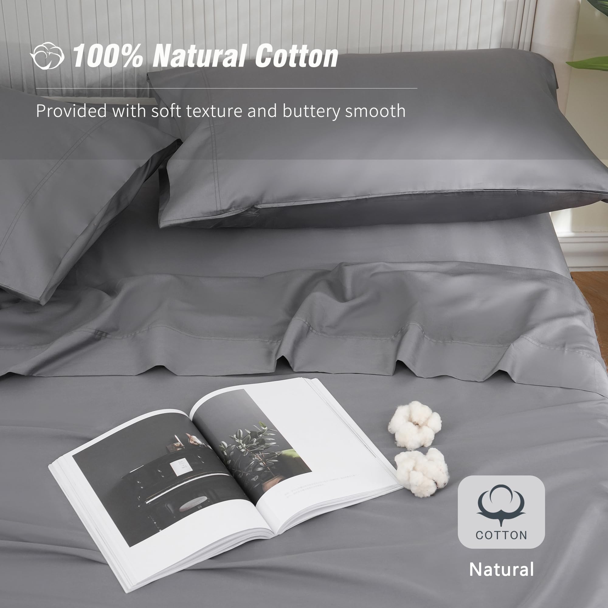 Twin Sheets Set Grey - 100% Cotton Sheets, 600 Thread Count Sateen Twin Bed Sheets