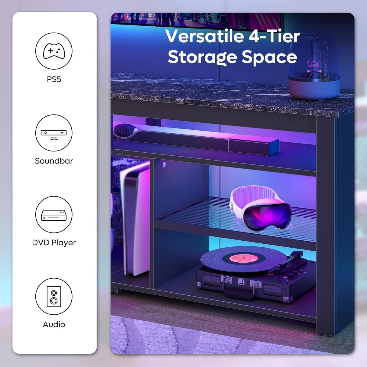 70 Inch TV Stand with LED Lights - Modern Entertainment Center with Storage