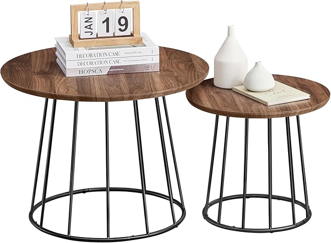 Round Coffee Tables, Set of 2, Modern Circle Side Tables with Steel Frame,