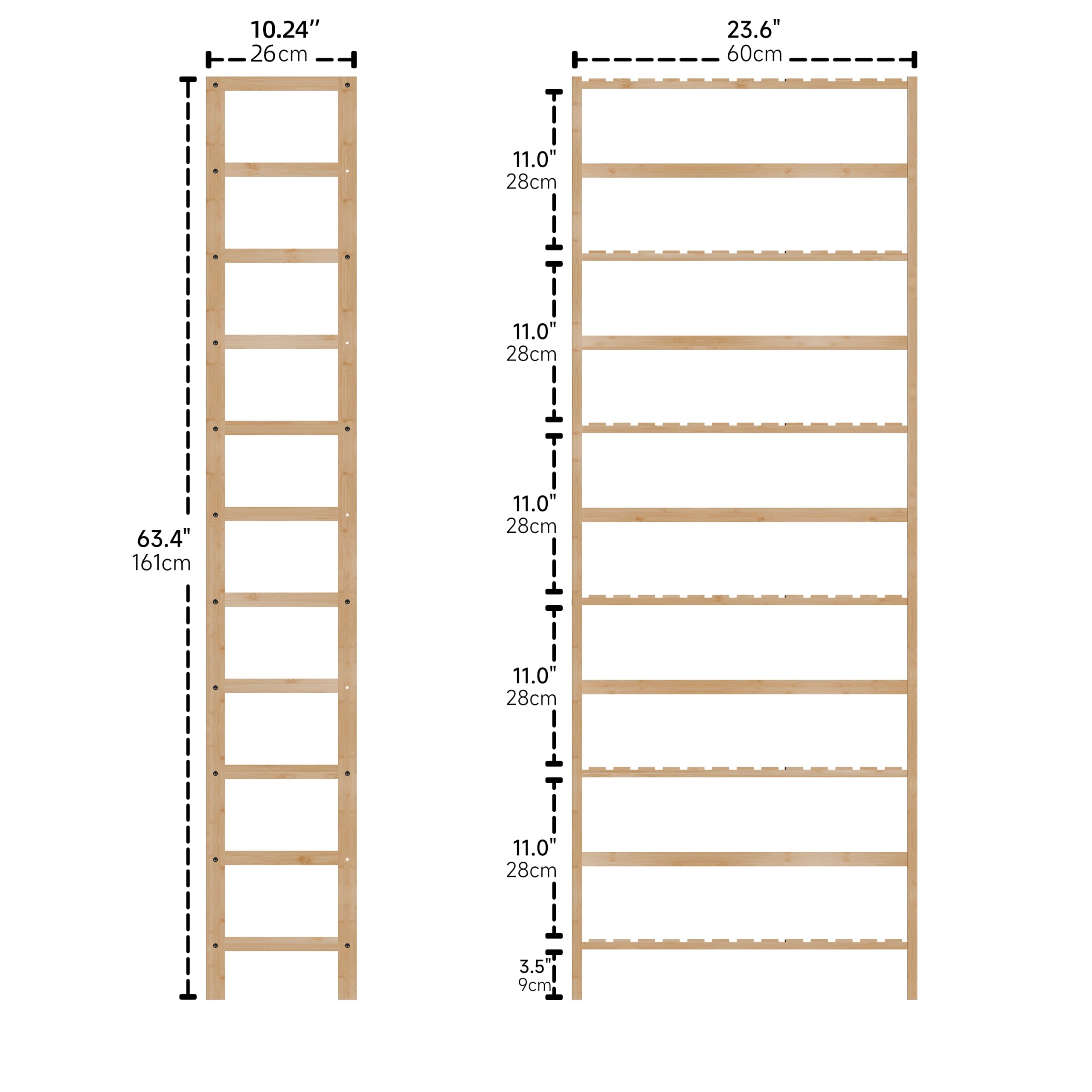 Bamboo Shelf, 6-Tier Adjustable Tall Open Bookcase, Bathroom Storage Rack Freestanding Shelving
