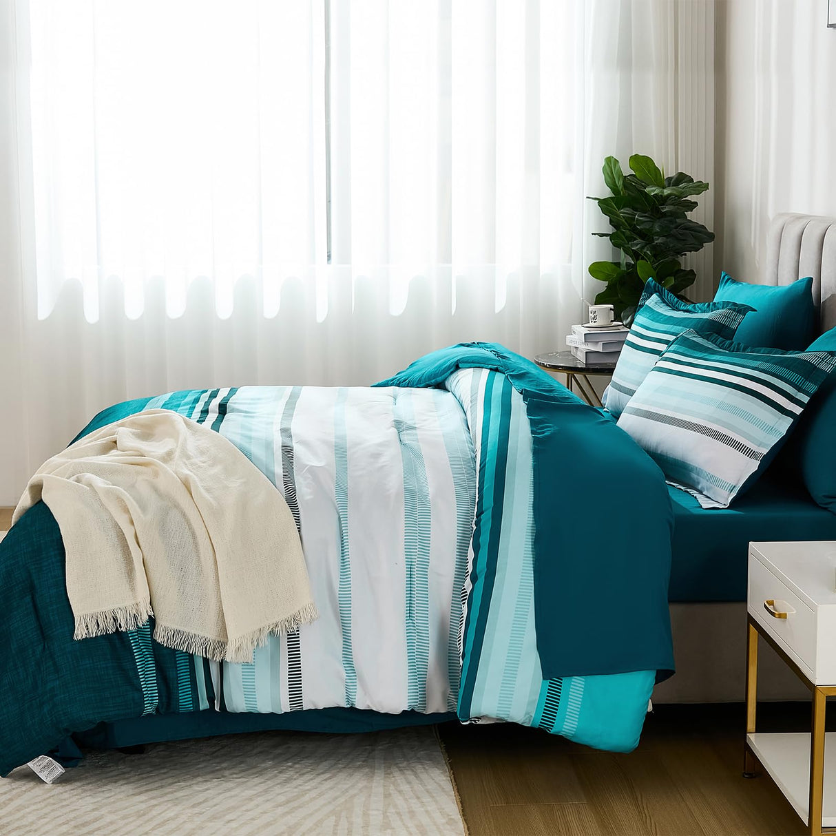 Teal Queen Comforter Set 7 Pieces, Blue Boho Striped Bed in a Bag Queen