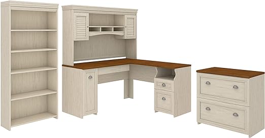 Fairview L Shaped Desk with Hutch, 5 Shelf Bookcase and Lateral File Cabinet