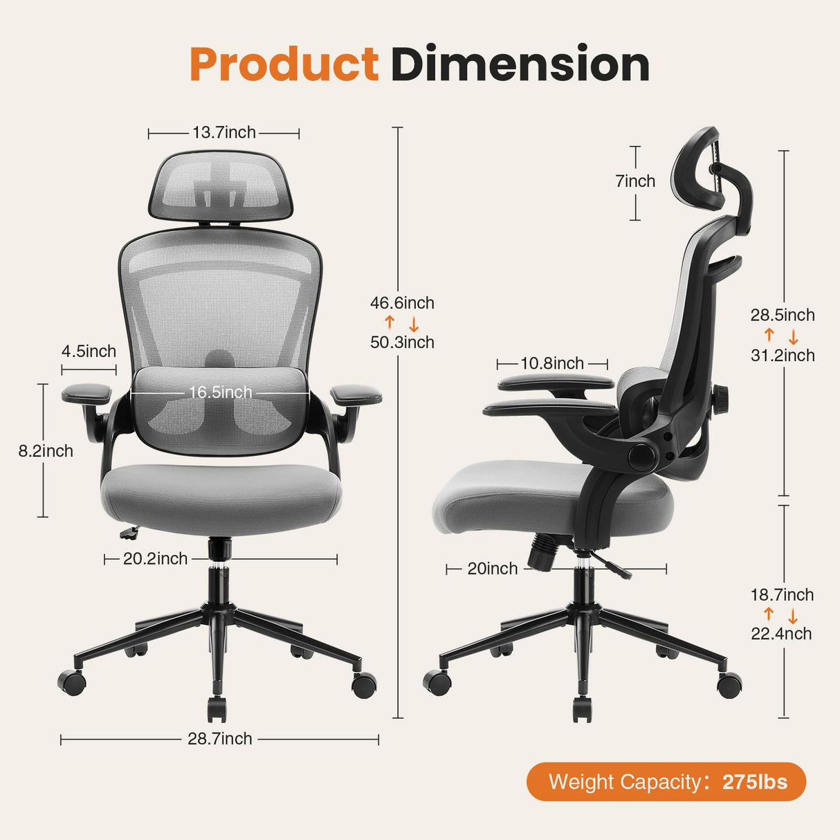 Office Chair, High Back Desk Chair with Adjustable Lumbar Support & Headrest,