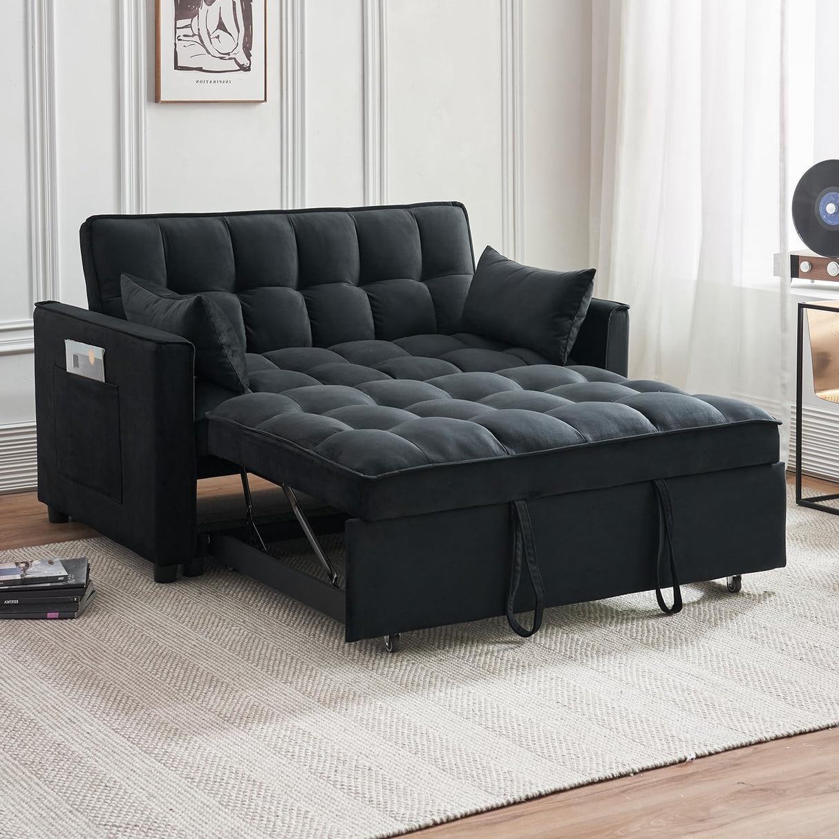 FENFSHE Futon Sofa Bed, Modern Velvet 3 in 1 Convertible Sleeper Sofa Couch Bed, Pullout Couch Bed with Adjustable Backrest, Storage Pockets and Toss Pillows for Living Room, Bedroom (Black)