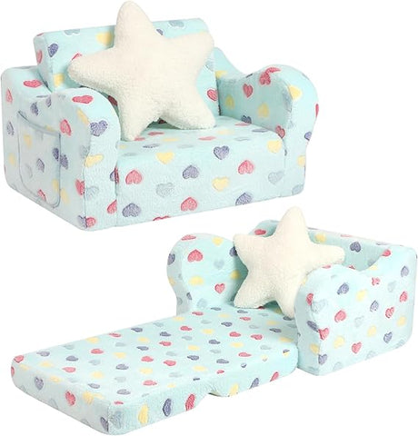 Star Glow in The Dark Toddler Couch, 2-in-1 Toddler Soft Couch Fold Out with Star Pillow