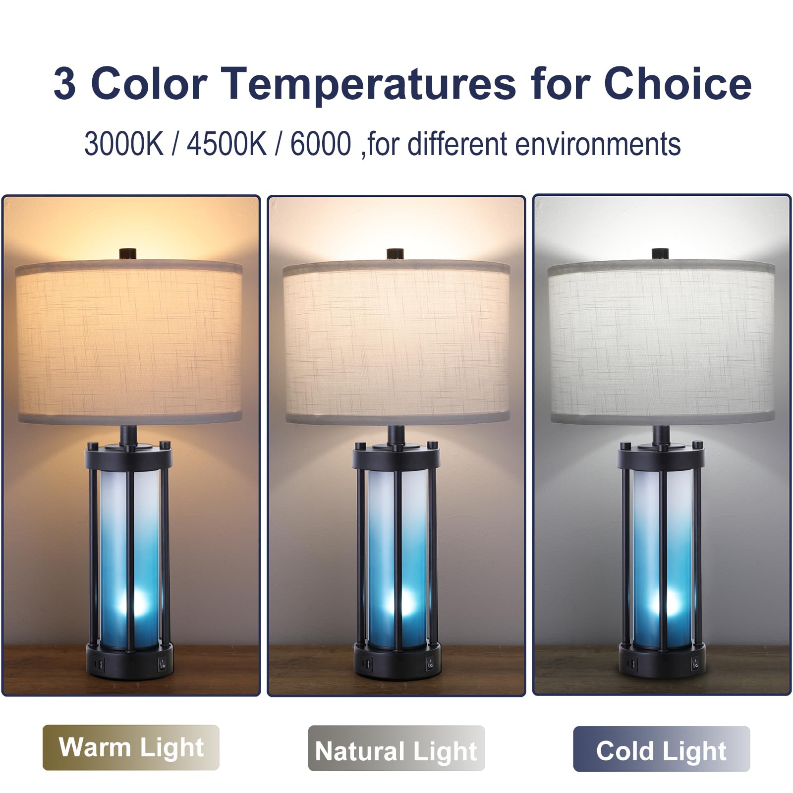Modern Table Lamps Set of 2, with Night Light Gradient Blue Glass Bedside Table Lamp