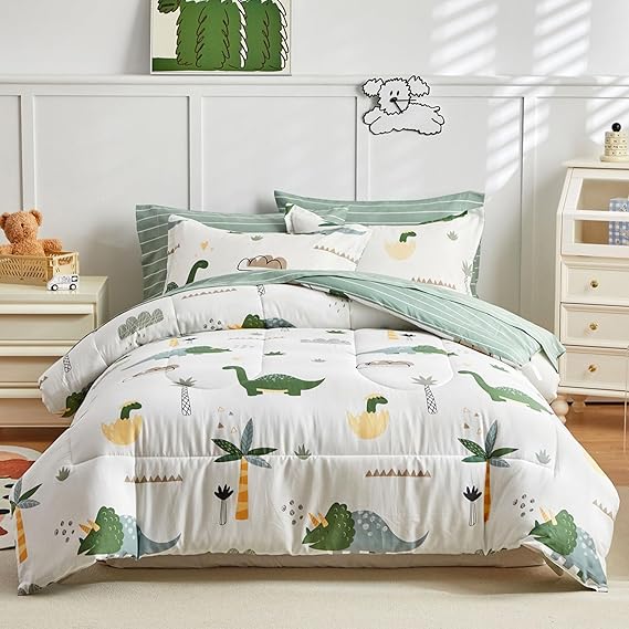 Twin Size Dinosaur Bedding Set - 6-Piece Cotton Comforter Set for Kids