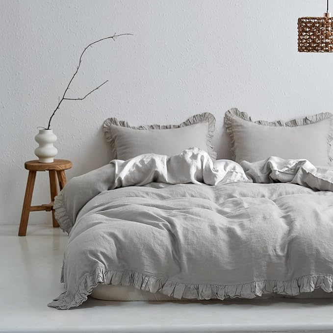 100% Linen Duvet Cover Set, 3 PCS Natural French Flax Natural Linen Ruffle Duvet Cover