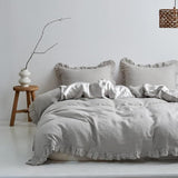 100% Linen Duvet Cover Set, 3 PCS Natural French Flax Natural Linen Ruffle Duvet Cover