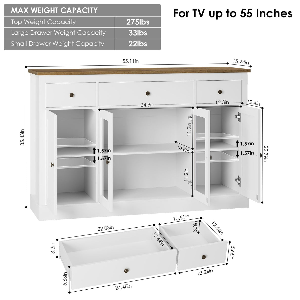 Sideboard Buffet Cabinet with Storage, 55" Large Kitchen Buffet Storage Cabinet