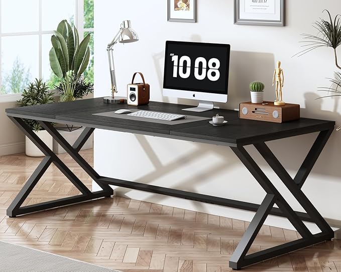 White 70.8" Computer Desk, Modern Large Long Wood Metal Office Desk