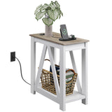 Farmhouse End Table, Narrow Side Table with Charging Station, Slim End Table