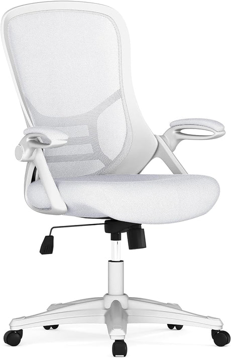 Flash Furniture Porter High-Back Swivel Office Chair with Adjustable Lumbar Support and Height, Ergonomic Mesh Desk Chair with Flip-Up Armrests, White