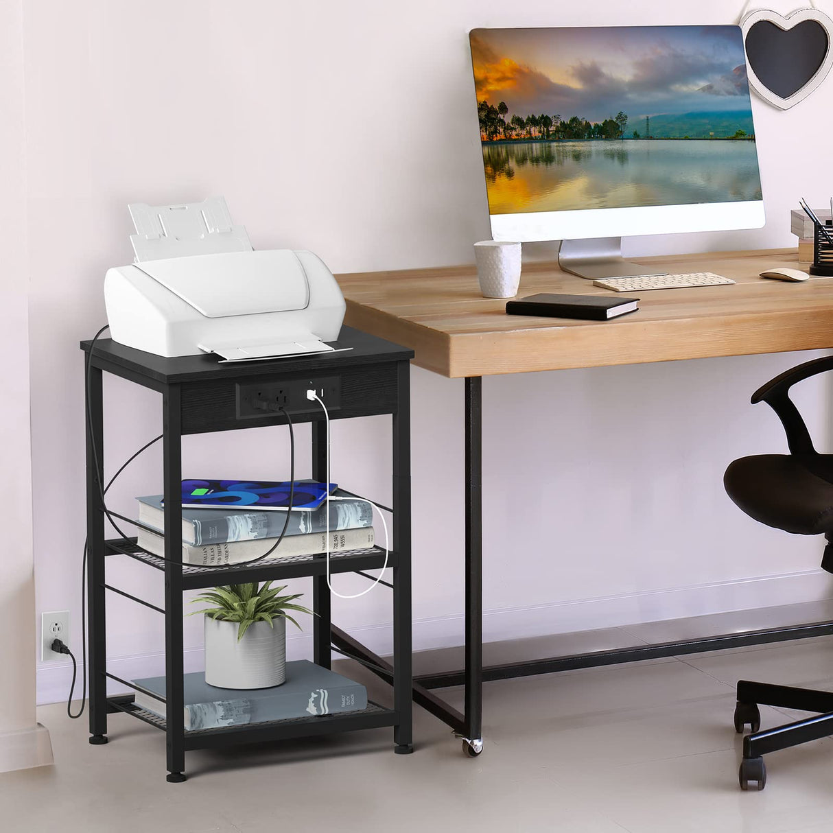 Black Nightstand with Charging Station Industrial End Side Table