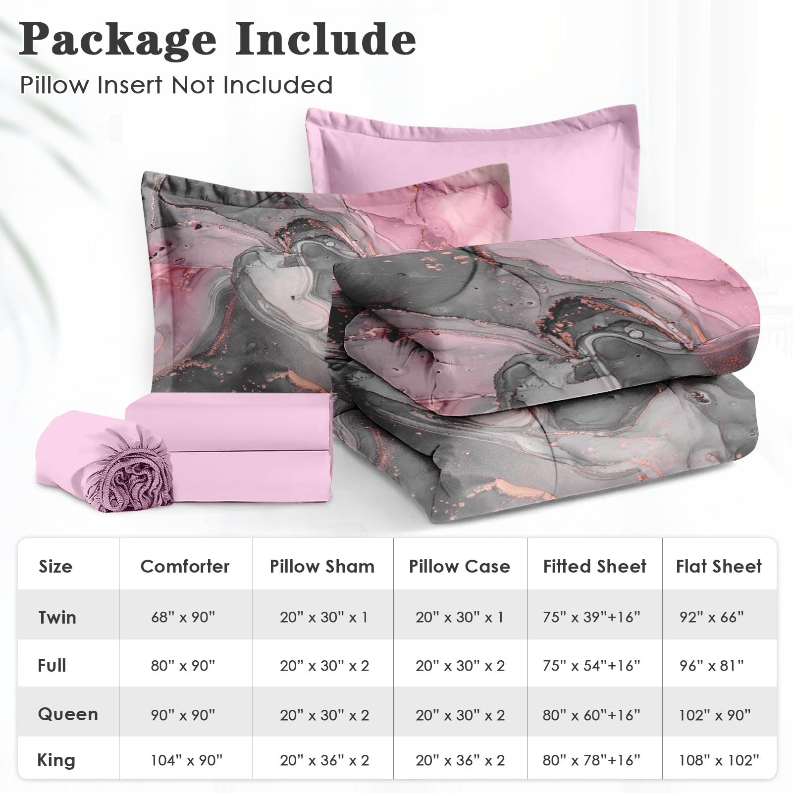 Gray Pink Marble Comforter Set Queen - 7 Piece Luxury Bedding