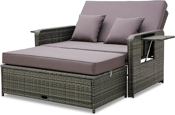 Patio Rattan Daybed, Patiojoy Wicker Loveseat Sofa w/Multipurpose Ottoman