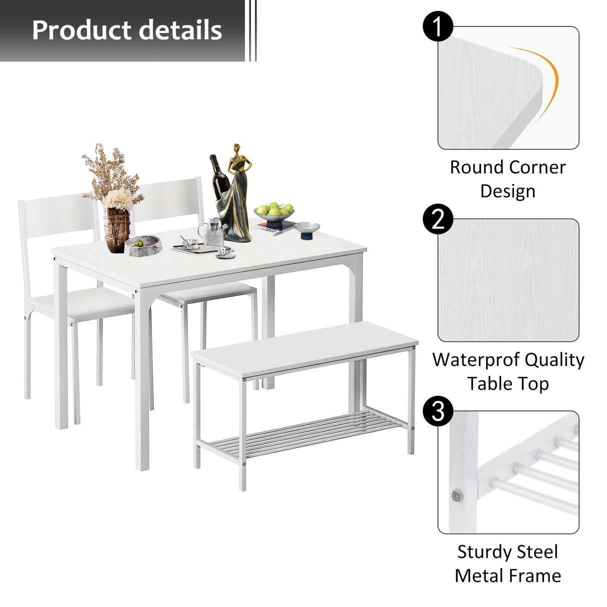 SogesHome 43.3'' Kitchen Dining Table Set for 4, 4 Piece Kitchen Table Bench Chairs Setfor 4, Space-Saving Table Set for Restaurant, Coffee Shop,White