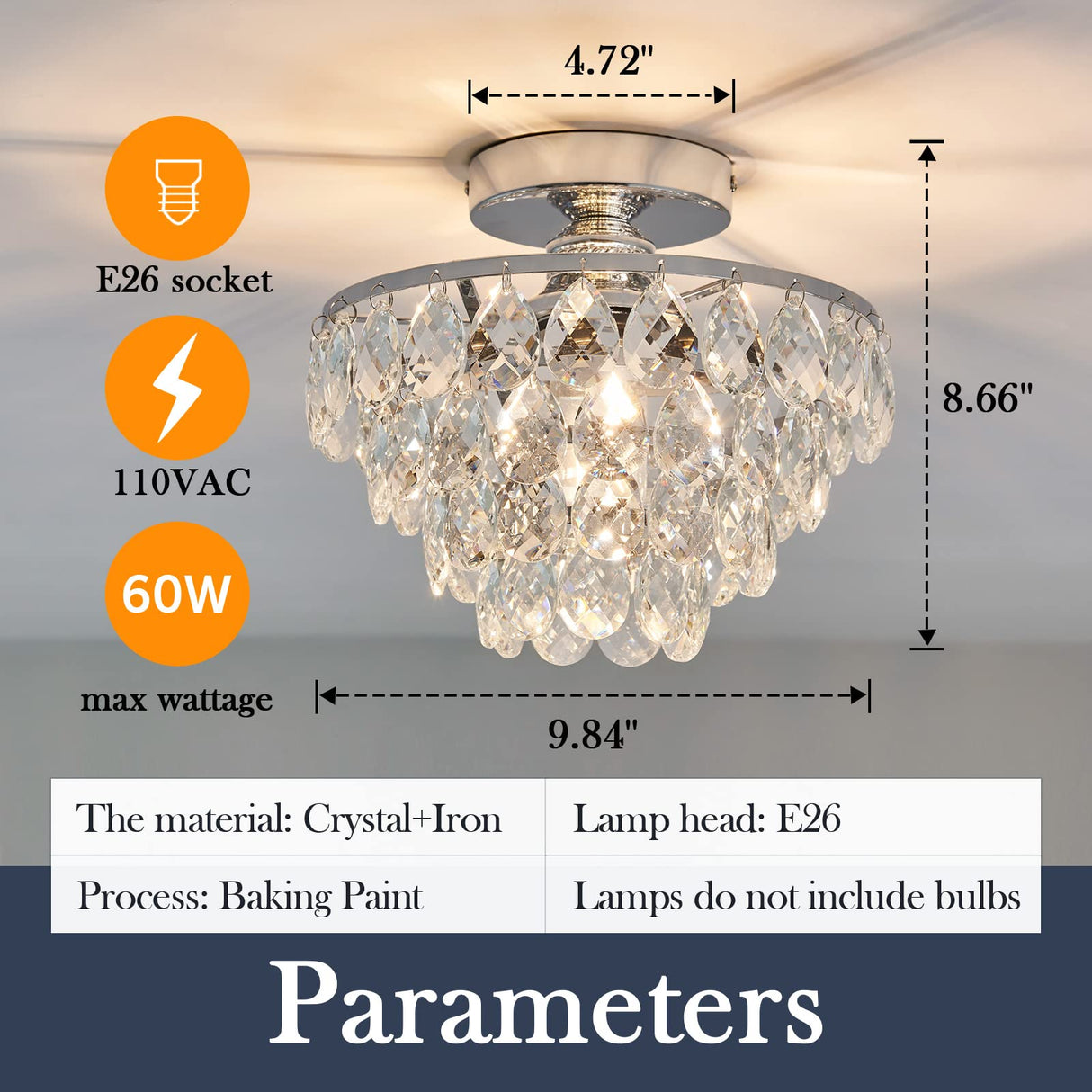 Modern E26 Small Crystal Chandelier Semi Flush Mount Ceiling Light Fixture Silver