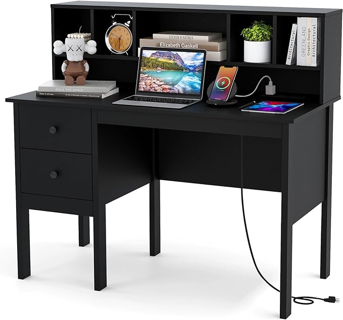 White Desk with Drawers & Hutch, Modern Home Office Desk Writing Study Desk